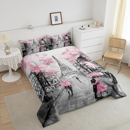 Paris Bedding Set Full Size Pink and Grey Eiffel Tower Comforter Set for Teens Girls Bedroom Decor Watercolor Cherry Blossoms Comforter Couple Retro Gray Building Quilt Comforter 2 Pillow Cases
