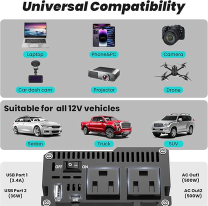 500W Pure Sine Wave Inverter - 12V DC to 110V/120V AC Car Power Converter with 2 AC Outlets, USB Port, Type-C Port, LCD Display Power Inverter for Car, Truck, Home, Vehicles, Laptop