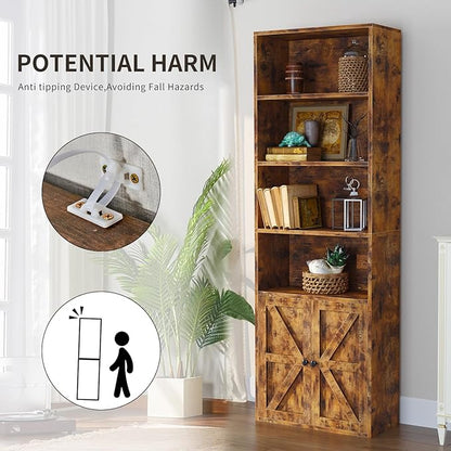 oneinmil 6 Tier Bookcase, Wooden Bookshelves with Cabinet Doors, Floor Bookshelf and Office Storage Cabinets for Home Office, Living Room,Brown
