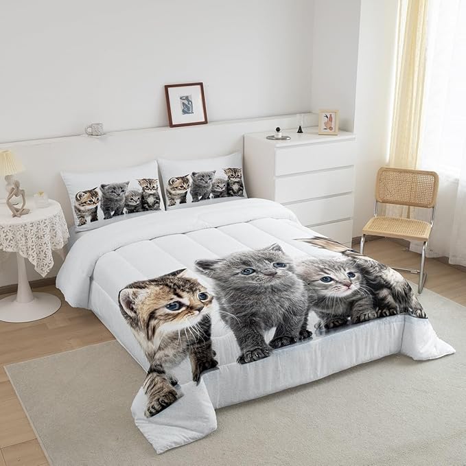 Cat Comforter Kids Cute Cat Bedding Set Toddler Cartoon Pet Cats Comforter Set for Girls Boys Children Cute Kitten Room Decor Cat Lovers Kawaii Animal Theme Quilt Set Queen Size with 2 Pillow Case
