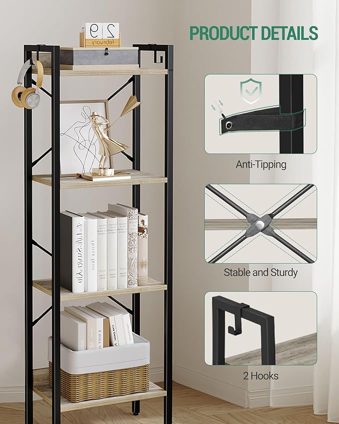 Bookshelf, Book Shelf, Industrial Bookcase with 2 Hooks, Coner Shelf Storage Organizer for Home Office, Living Room, Bedroom, Kitchen, 4-Tier Greige BC10405B