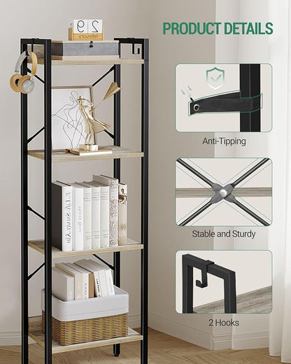 Bookshelf, Book Shelf, Industrial Bookcase with 2 Hooks, Coner Shelf Storage Organizer for Home Office, Living Room, Bedroom, Kitchen, 4-Tier Greige BC10405B
