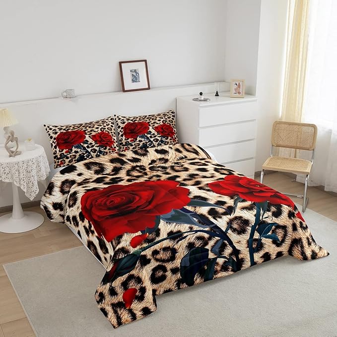Rose Flower Comforter Set for Teens Adult Women Wedding Gift, Leopard Print Bedding Set Queen Size, Valentine's Day Cheetah Duvet Sets Leopard Animal Skin Down Comforter for Bedroom Decor, Brown