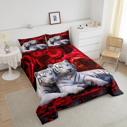 Tiger Comforter Set Queen, Red Rose Down Comforter Kids Girls Women,Red Image of Large Cat Playing with Water Cool Nature Animal Quilted Duvet Insert Gorgeous Floral Flower Bedding Comforters,Brown