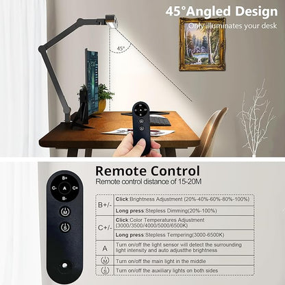 Micomlan Desk Lamp with Clamp, Architect Led Desk Lamp for Home Office with Remote Control, 24W Ultra Bright Auto Dimming Computer Desk Light Adjustable Table Light for Working Workbench