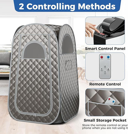Giantex Portable Sauna, Full Body Steam Sauna w/ 3L Steam Box, Remote Control, Wood Foot Roller & Foldable Chair, Pop-Up Sauna Box for Single Person, Lightweight Personal Sauna Tent for Home (Gray)