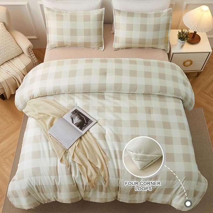 Andency Beige Grid Comforter Set Full Size (79x90 Inch), 3 Pieces(1 Grid Comforter and 2 Pillowcases), Summer Lightweight Microfiber Down Alternative Beige Comforter