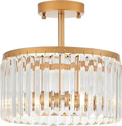 12" Gold Semi Flush Mount Crystal Ceiling Light Fixtures for Kitchen Modern Industrial 2-Light Small Chandeliers Lighting for Bedroom Entryway Hallway Living Dining Room Foyer