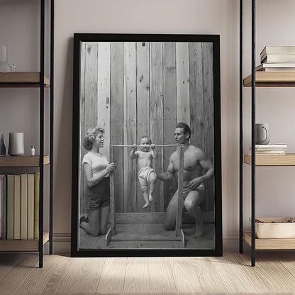 UXCBIA Baby Doing Pull-ups, Bodybuilder Family Black And White Retro Poster Canvas Poster Bedroom Decor Sports Landscape Office Room Decor Gift Black Frame 12x18in(30x45cm)