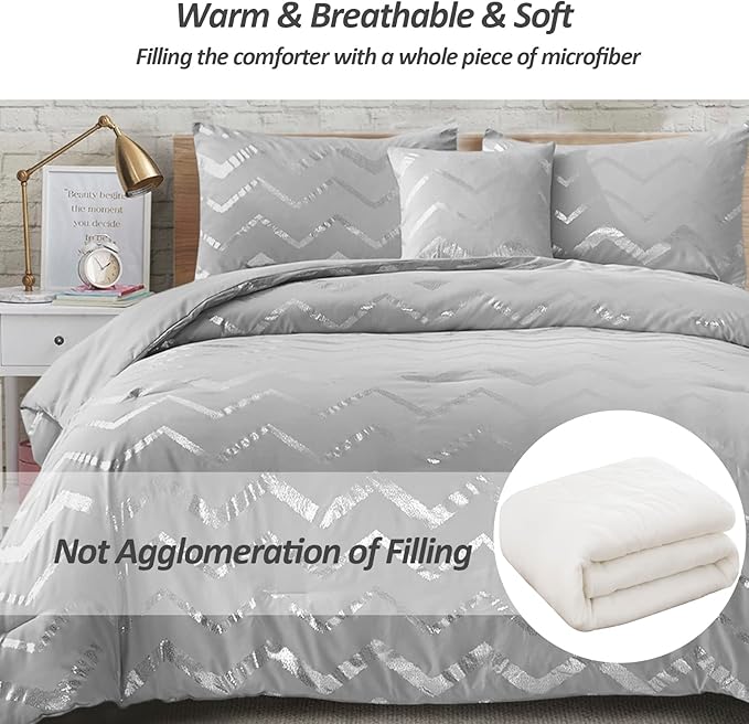 Grey and Silver Comforter Set Twin Size Metallic Print Geometric Bedding Set Lightweight Microfiber Comforter for Teen Girls Boys Women (1 Pillow Sham + 1 Decorative Pillow Sham)