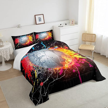 Erosebridal Kids Volleyball Comforter Set for Teen Girls Boys Volleyball Bedding Set King Grunge Hippie Tie Dye Bedding Comforter Red Blue Fire Water Lightning Quilt Duvet Insert 2 Pillow Cases