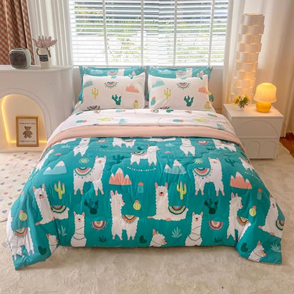 Wajade Kids Llama Comforter Set Bed in A Bag Twin Size 7 Piece Cute Alpaca Tropical Plant Cactus Bedding Set for Girls Boys (1 Comforter, 1 Flat Sheet, 1 Fitted Sheet, 2 Pillowcase and 2 Pillow Sham)