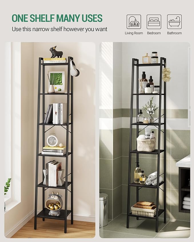 Ladder Shelf, Bookshelf Bookcase, Freestanding Corner Storage Shelve with 2 Hooks for Home Office, Living Room, Kitchen, Bedroom, Industrial, 6-Tier Black BC13304B