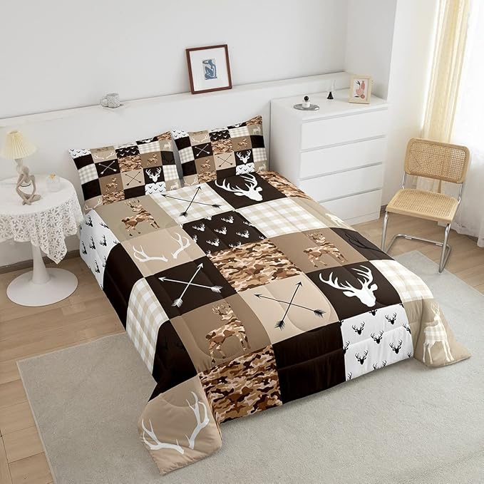 Camo Animal Kids Comforter Set Full Size,Deer Antlers Silhouette Bedding Set,Girls Boys Adults Bedroom/Xmas Decor,Checkered Geometric Down Comforter,Arrow Boho Tribal Duvet Insert,3pcs,2 Pillowcases