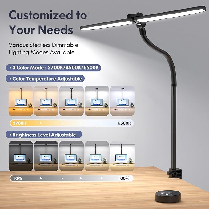LED Desk Lamp for Home Office, Dual Head Architect Lamp with Clamp, Desk Light for Dual Computer Monitor, 24W 2000LM Dimmable, 2700K/4500K/6500K Adjustable, Gooseneck Desk Lighting for Workbench Study