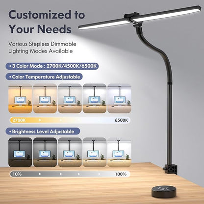 LED Desk Lamp for Home Office, Dual Head Architect Lamp with Clamp, Desk Light for Dual Computer Monitor, 24W 2000LM Dimmable, 2700K/4500K/6500K Adjustable, Gooseneck Desk Lighting for Workbench Study