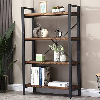 Solid Wood Bookshelf,4 Tier Rustic Vintage Industrial Etagere Bookcase, Open Metal and Wood Vintage Book Shelf, Retro Brown (Real Wood)(4-Tier)