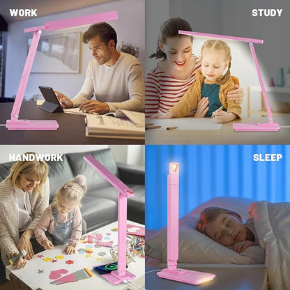 LED Desk Lamp Wireless Charger: Pink Office Table Lamps with USB Port, Reading Lamp for Home with Clock Alarm Temperature | Desk Light with Night Light, Eye-caring Smart Lamp for Dorm College