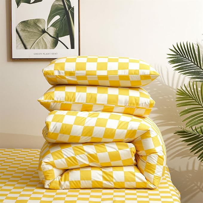 Yellow White Grid Comforter Set Cal King Yellow Plaid Bedding Set Women Yellow and White Checkered Bed Comforter Set Breathable Blanket Set Men Durable Bedding Comforter Set