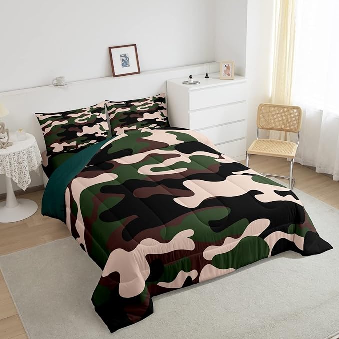 Feelyou Full Size Camouflage Comforter Set 3Pcs Kids Bedding Set for Boys Girls Teens 1 Comforter & 2 Pillowcases(Full,Army Green)