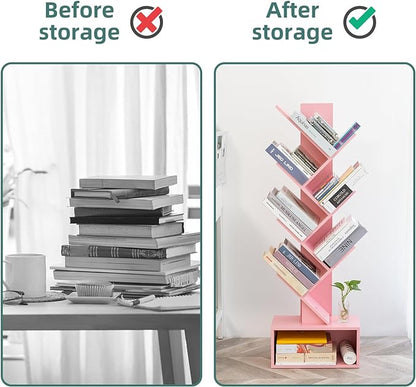 Yoobure Tree Bookshelf - 6 Shelf Retro Floor Standing Bookcase, Tall Wood Book Storage Rack for CDs/Movies/Books, Utility Book Organizer Shelves for Bedroom, Living Room, Home Office Pink