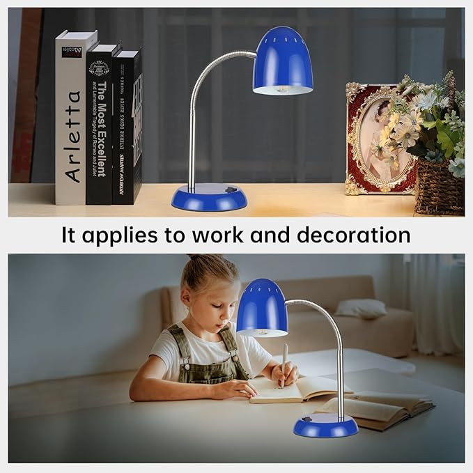 Eye-Caring Table Lamp of Simple Designs Home E26 Led Screw Basic Metal Desk Lamp with Flexible Gooseneck Hose Neck Study Lamp for Bedroom Office Living Room Convenient On/Off Switch (Dark blue)