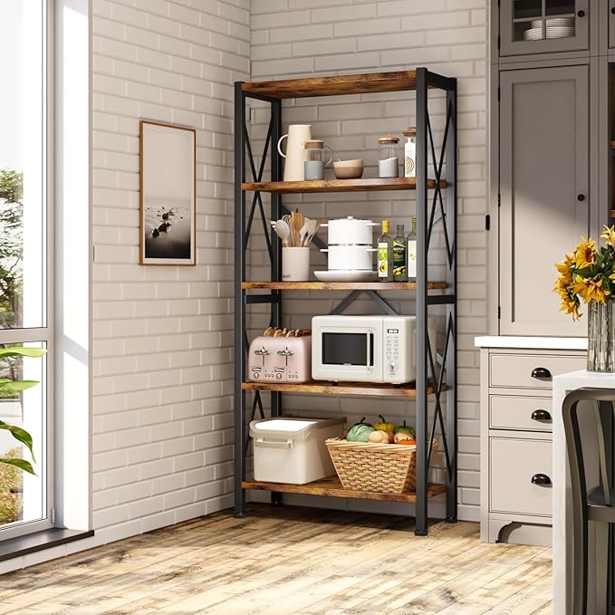 5-Tier Bookshelf,Wood Bookcase,Book Shelf with Steel Frame, Storage Rack with Open Shelves, Rustic Standing Bookshelves Ladder Shelf 110lbs/shelf for Bedroom,Living Room and Home Office