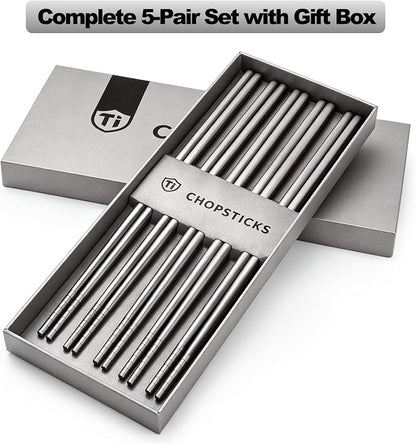 Nicunom 5 Pairs Pure Titanium Chopsticks, Ultralight Titanium Metal Chopsticks Dishwasher Safe Non-Slip Reusable Chopstick for Home Camping Travel, Silver Chop Sticks Gift Set