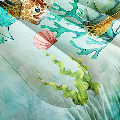 Datura home Sea Turtle Comforter Bedding Set for Kids Teens Adults,Watercolor Sea Turtle Light-Green and Blue Coral Seaweed Ocean Themed Comforter with 2 Pillowcases(Turtle Queen),Green Turtle