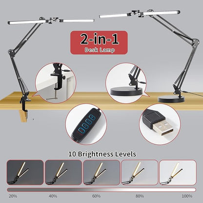 Double Swing Arm Bright LED Desk Light Adjustable Foldable Desk Lamp for Home Office, 3 Colors Lighting & Stepless Dimming Dimmable Table Desk Light for Work/Study/Craft