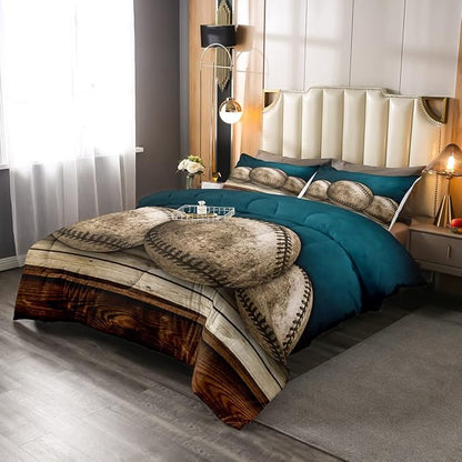 Erosebridal Teens Baseball Comforter Set Twin,Kids Retro Grunge Baseball Bedding Set for Boys Bedroom,Sports Games Bedding Comforter Set Teal Vintage Wooden Board Quilt Duvet Sets 1 Pillow Case