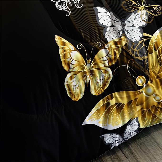 Butterfly Comforter Set for Adults Black and Gold Butterfly Bedding Set Aesthetics Butterflies Quilt Duvet Set Full Size with 1 Comforter and 2 Pillowcases