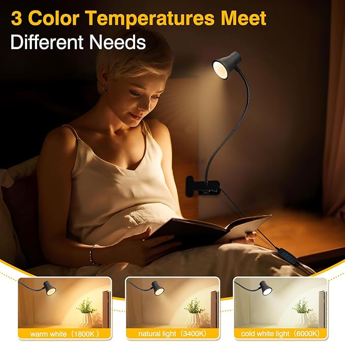 Clip on Light Reading for Bed LED Desk Lights 3 Color Modes 10 Brightness USB Lamp Eye Care 360° Flexible Gooseneck Dimmable for Headboard Computer Read Books Task Lamps with Adapter Bookmark(Black)