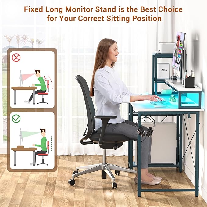 armocity 2024 Upgrade Gaming Desk with LED Lights, Small Computer Desk with Long Monitor Stand, 40'' Reversible Laptop Table with Shelves, Small Desk for Small Spaces, Gaming Room, White and Blue