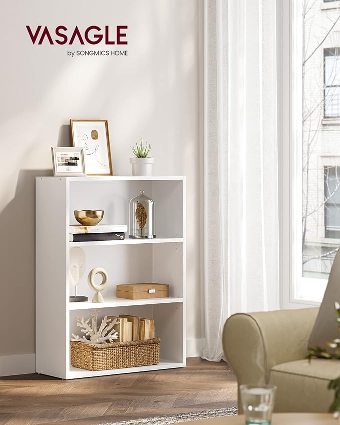 VASAGLE Bookshelf, 23.6 Inches Wide, 3-Tier Open Bookcase with Adjustable Storage Shelves, Floor Standing Unit, Cloud White ULBC163T14