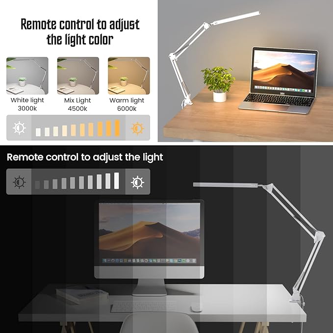 LED Desk Lamp, Swing Arm Desk Light with Clamp, 3 Lighting 10 Brightness Eye-caring Modes, reading desk lamps for home office 360°Spin with USB Adapter & Memory Function white-14W