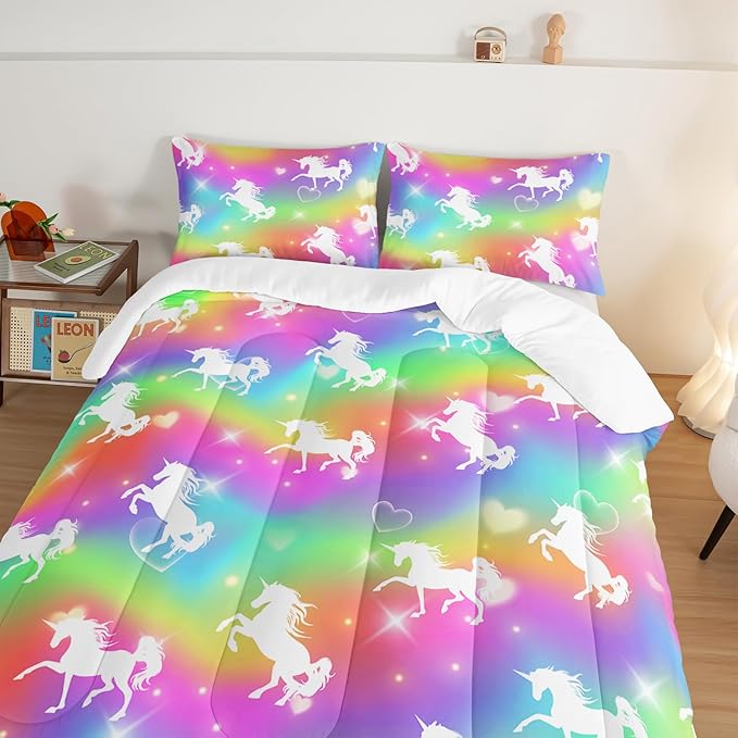 HOSIMA Unicorn Bedding 3pcs Rainbow Comforter Set with 2 Pillowcases,Sparkle Stars Queen Comforter Set for Adults Teen Girls,Cute Rainbow Unicorn Comforter Princess Toddler Bedding Set.