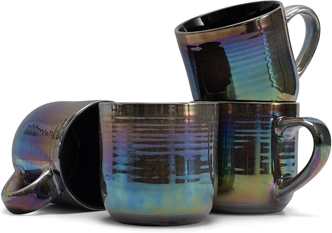 Elanze Designs Glossy Reactive Glaze Large 17 Fluid Ounce Everyday Kitchen Food Grade Ceramic Stoneware Coffee Mug Cup with Comfort Curved Handles, Set of 4, Black