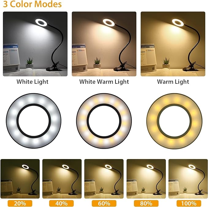 iVict Desk Light Clip on Light, 56 LEDs Desk Lamp for Home Office, 3 Modes with 10 Brightness Dimmable Reading Light, Clamp Desk Lamp for Bed Headboard, Craft, Computer, Video Call