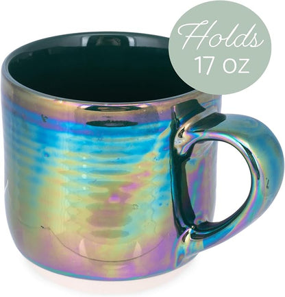 Elanze Designs Glossy Reactive Glaze Large 17 Fluid Ounce Everyday Kitchen Food Grade Ceramic Stoneware Coffee Mug Cup with Comfort Curved Handles, Set of 4, Emerald Green