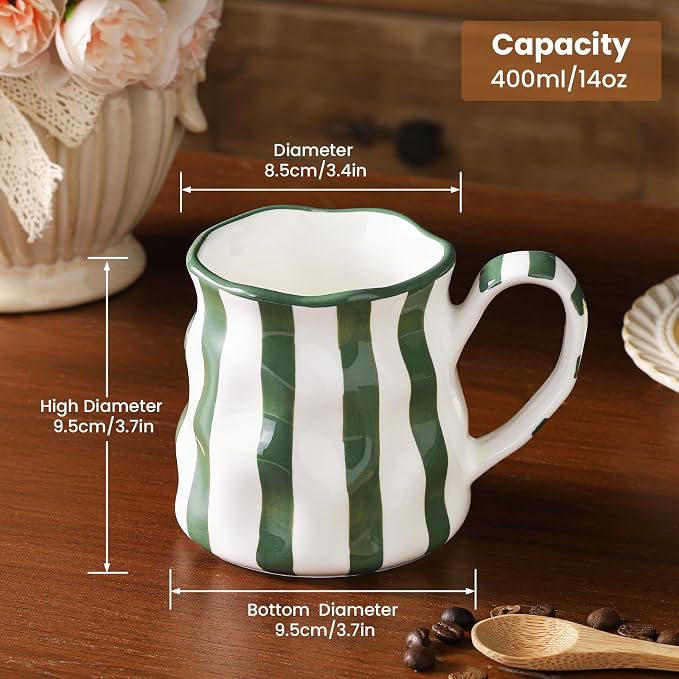 Ceramic Mug,14 oz Cute Mug,Ceramic Coffee Cup,Diner Mug,Espresso Mug,Pretty Mug,Hand-Painted Coffee Cup (Green)