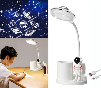 Desk Lamp for Teens Astronaut Desk Lamp with Projection Light and Pen Holder, Kids LED Desk Lamp for Bedroom Reading, Stepless Dimming Desk Lamp Eye-Caring for Studying