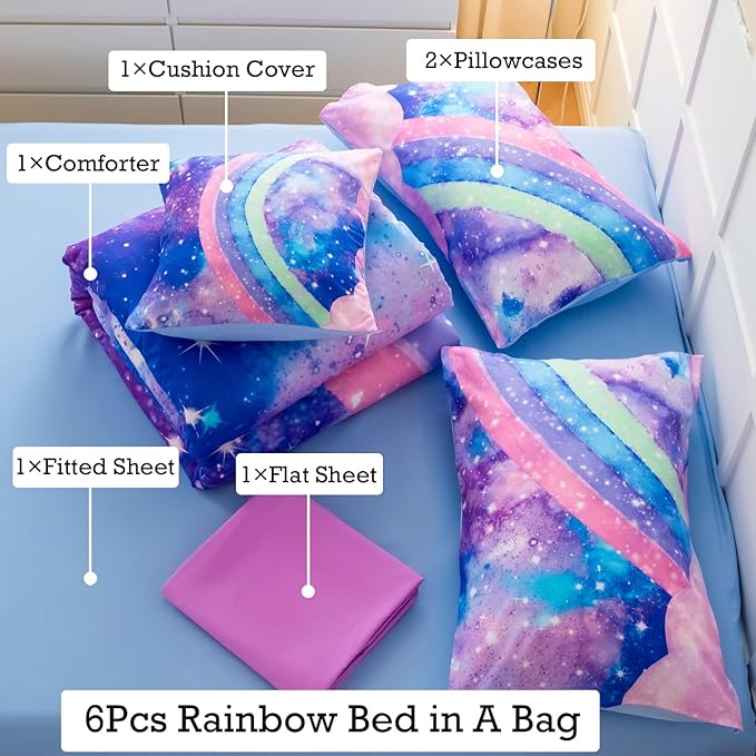 Tie Dye Blue Teens Comforter Set Queen for Girls, 3D Rainbow Gradient Glitter Bed in A Bag, 6 Pieces Twinkle Nebula Comforter Kids Bedding Set for All Season