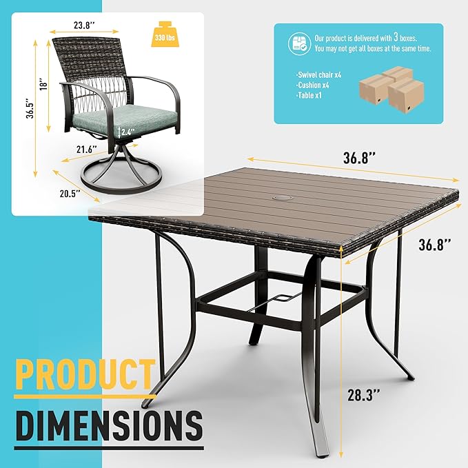 Pamapic 5 Piece Patio Dining Set for 4,Wicker Outdoor Furniture Set for Backyard Garden Deck Poolside with Square Plastic-Wood Table Top,4 Cushions Swivel Rocker Chairs,Removable Cushions(Green)