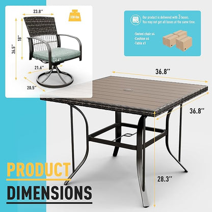Pamapic 5 Piece Patio Dining Set for 4,Wicker Outdoor Furniture Set for Backyard Garden Deck Poolside with Square Plastic-Wood Table Top,4 Cushions Swivel Rocker Chairs,Removable Cushions(Green)