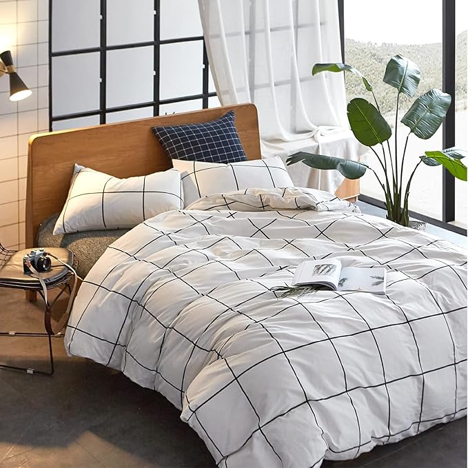 White Grid Comforter Set Big Grid Bedding Set Twin Cotton White with Black Plaid Printed Stripes Women Checkered Comforters Bedding Set White Grid Bed Blanket Set White Plaid Comforter