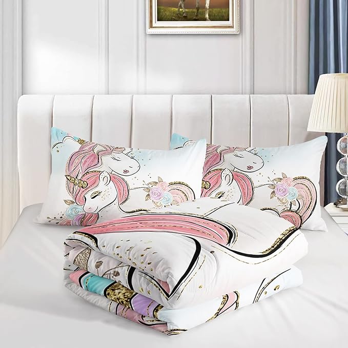 CVHOUSE Unicorn Bedding Full Size,Unicorn Bedding Set for Girls Kids,Cute Unicorn Comforter Set Chrismas Duvet Set Unicorn Quilt Set Girls Room Decor 3 Pieces