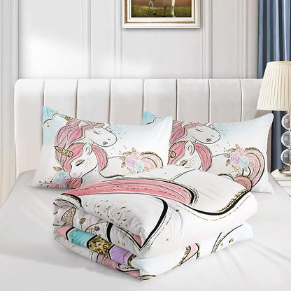 CVHOUSE Unicorn Bedding Twin Size,Unicorn Bedding Set for Girls Kids,Cute Unicorn Comforter Set Chrismas Duvet Set Unicorn Quilt Set Girls Room Decor 3 Pieces