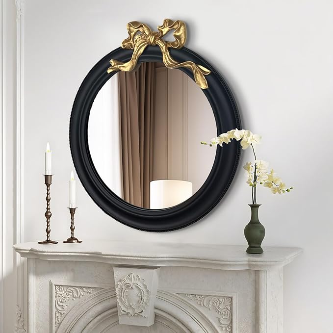 25x25 inch Bow Antique Round Mirror for Wall, Gold & Black Decorative Wall-Mounted Circle Mirror, Perfect for Bedroom, Hallway, Living Room Décor, and Bathroom Vanity