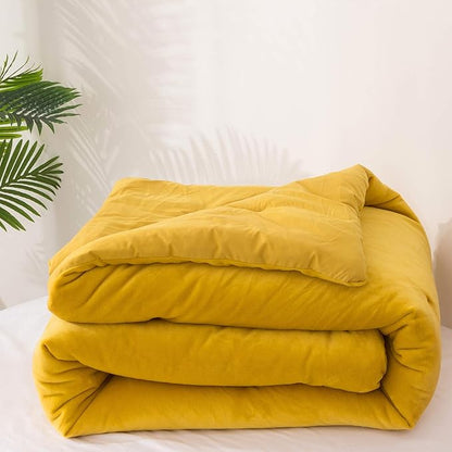 Wellboo Mustard Yellow Velvet Comforter Sets King Size Solid Fluffy Turmeric Yellow Bedding Comforters Plain Dark Yellow Sherpa Quilts Soft Warm Winter Flannel Plush Blanket Luxury Shaggy Crystal Bed